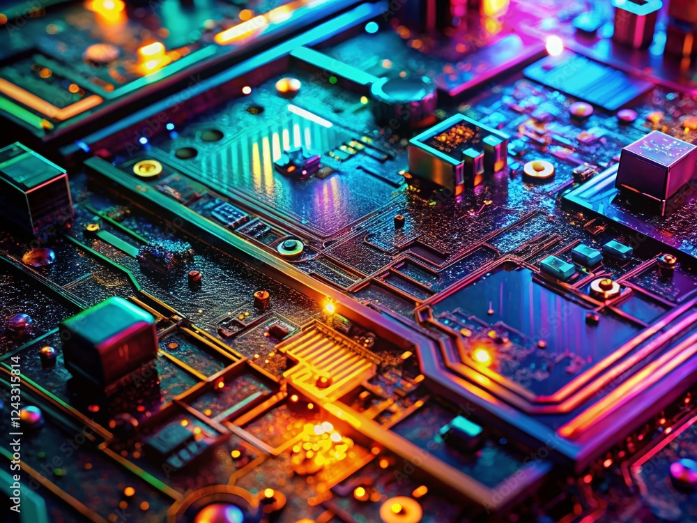Poster cyberpunk macro: glowing circuitry in dark futuristic setting