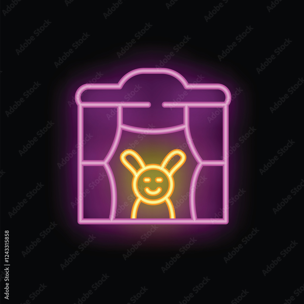 Aufkleber neon sign representing a puppet show with a rabbit for children playing on stage