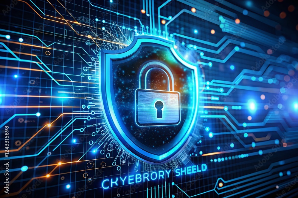 Poster cybersecurity shield: digital padlock, binary code & glowing circuit network protection system