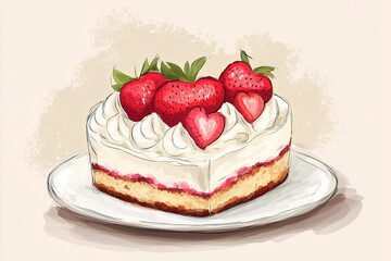 Strawberry cake with heart-shaped toppings on a white plate