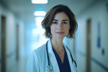A female doctor with short brown hair, wearing a white coat and stethoscope, stands in a hospital hallway.