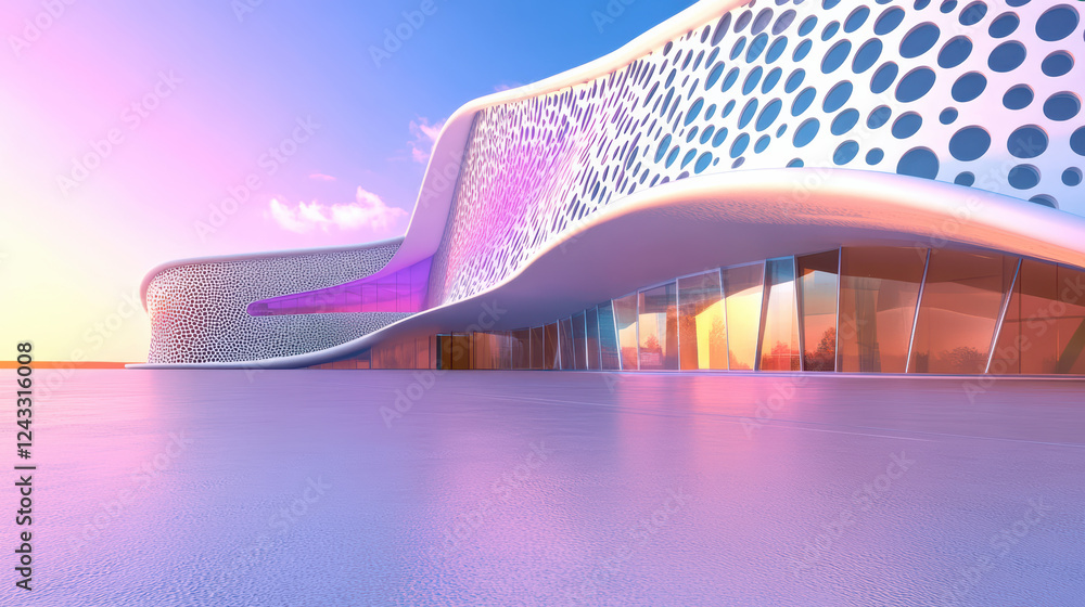 Poster modern cultural center with unique architectural design, featuring vibrant background and colorful l