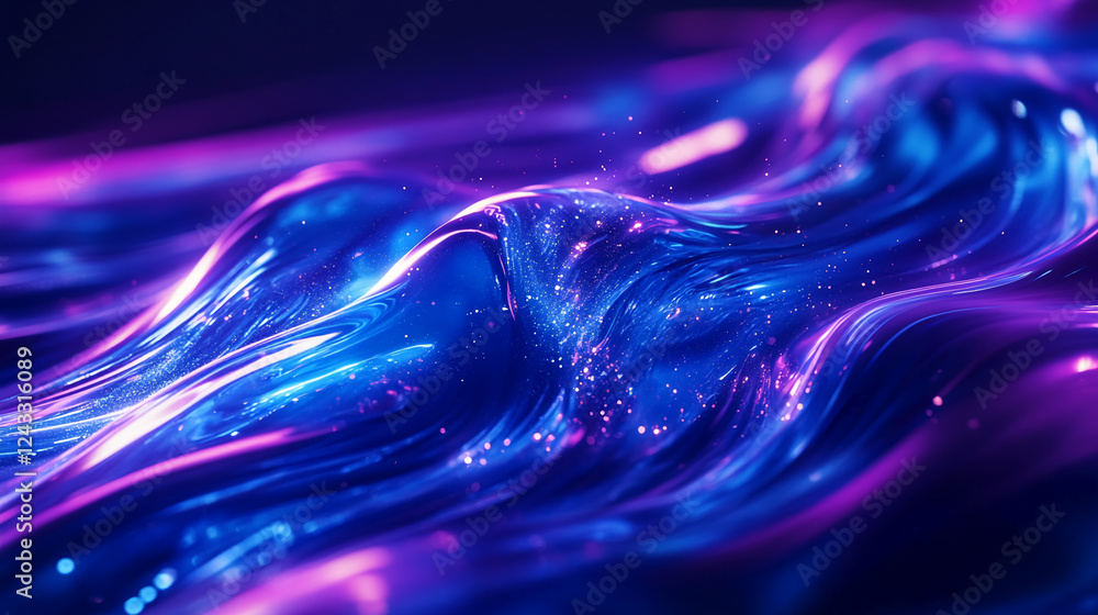Poster abstract fluid motion with vibrant glowing purple and blue waves. the image showcases flowing liquid