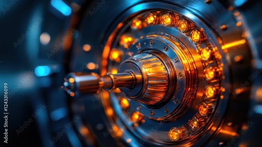 Poster close-up of a high-security vault's intricate mechanism, illuminated by warm lights, with a dark, fu