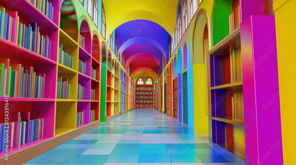 Poster vibrant public library featuring colorful bookshelves and bright, inviting atmosphere. space is desi