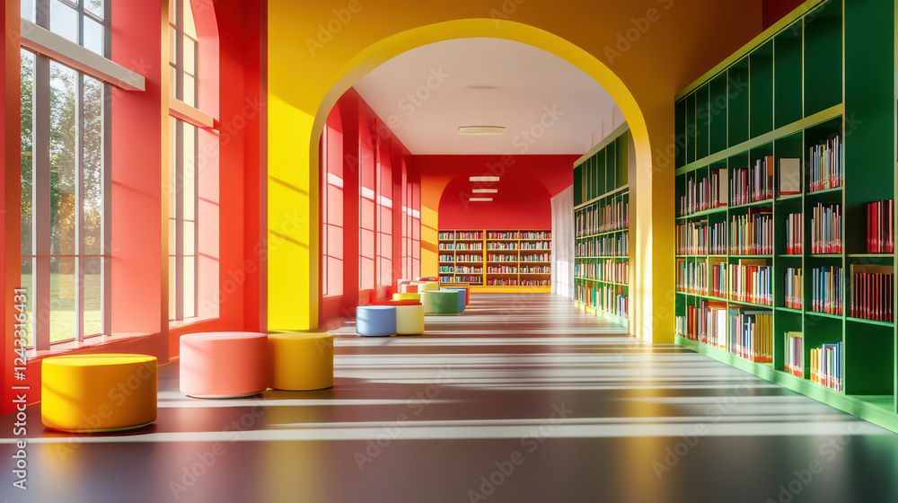 Poster vibrant public library interior featuring colorful seating and bookshelves. bright colors create inv