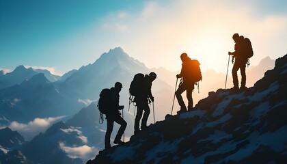Silhouette of climbers who climbed to the top of the mountain thanks to mutual assistance and teamwork