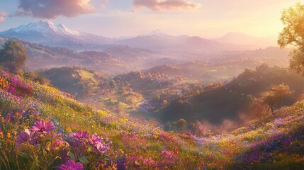 A hillside covered in wildflowers during spring, with rolling mountains in the background.