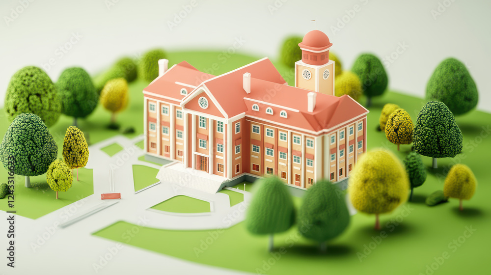 Poster 3d model of school building surrounded by trees and pathways, showcasing ample space and vibrant des