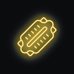 Yellow glowing neon icon of a classic thermometer, isolated on a black background