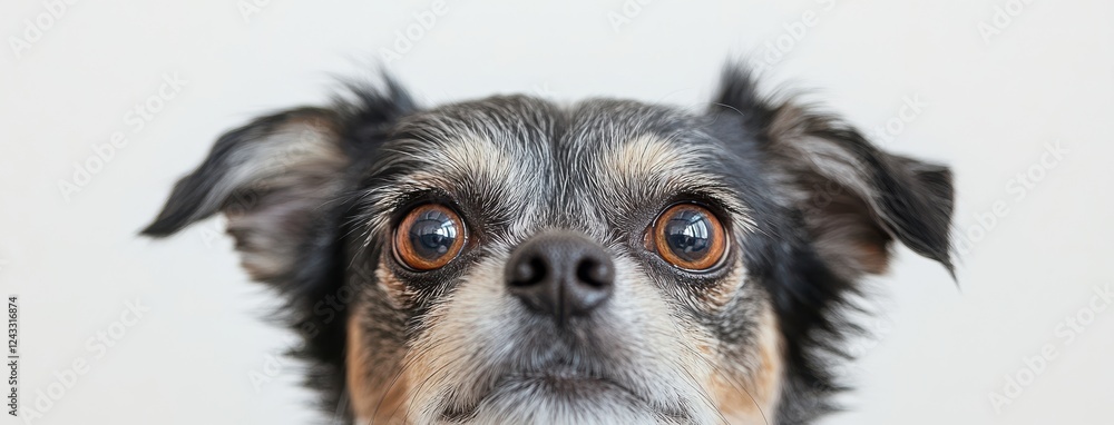 Poster Close-up of an inquisitive dog with bright eyes and distinct fur pattern, showcasing a blend of joy and curiosity in a light-colored background
