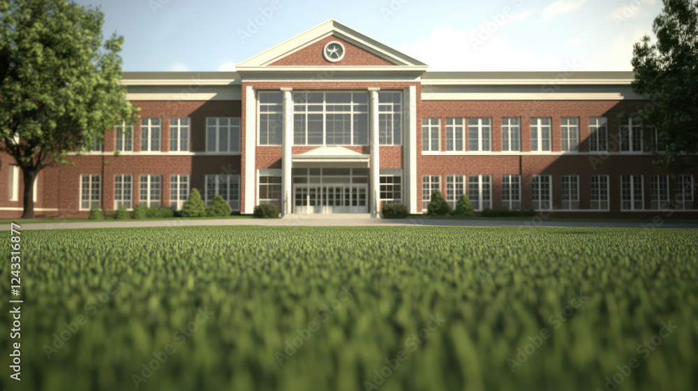 Poster modern school building with ample space, featuring large windows and welcoming entrance surrounded b