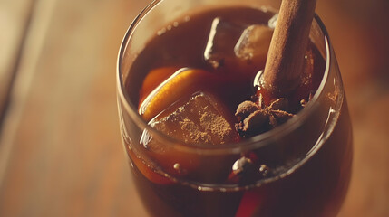 Close-up of spiced iced mulled wine in a glass, with cinnamon stick and orange slices, warm lighting.