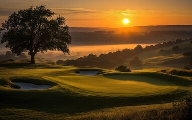 Fototapeta premium Golden Sunrise Bathes Serene Golf Course in Warmth, Mist-Shrouded Valley Beckons.