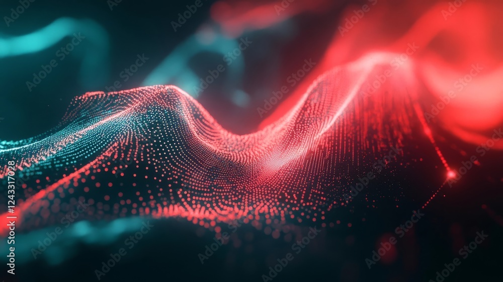 Poster abstract representation of digital waves in vibrant red and blue colors displayed against a dark bac