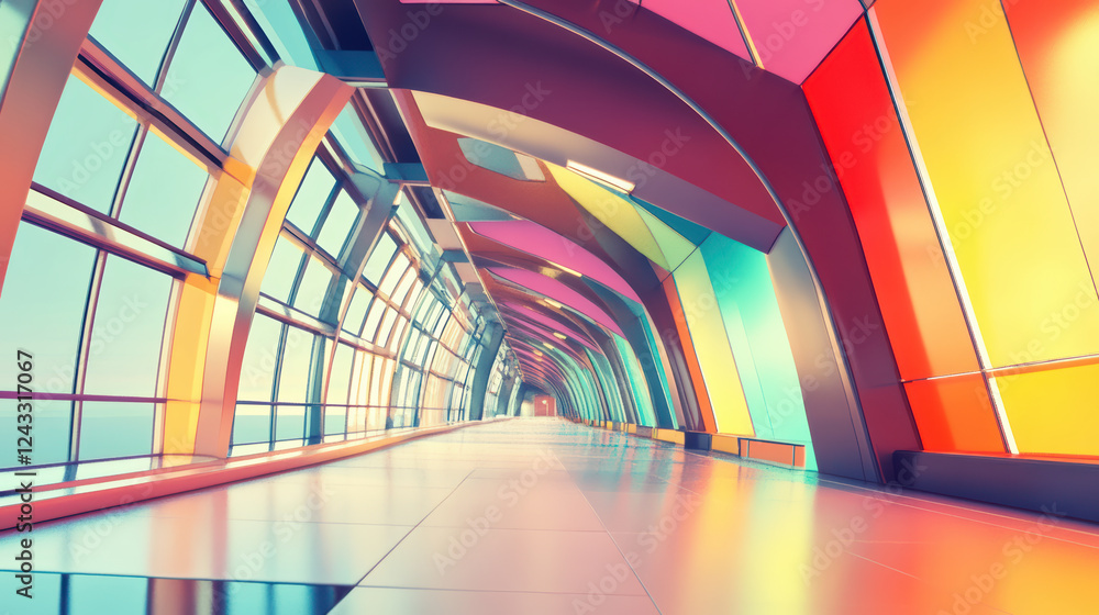 Poster vibrant and colorful transportation hub featuring modern architectural design with large windows and