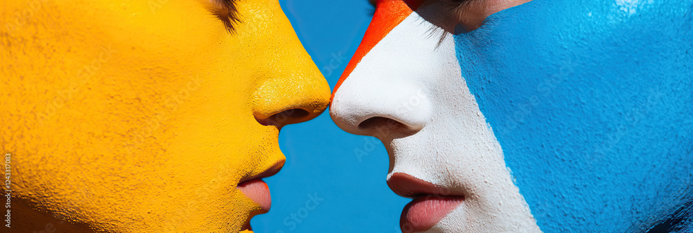 Poster two faces with painted color patterns
