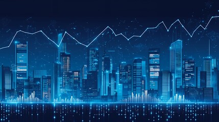 Futuristic Cityscape with Data Overlay, Blue toned cityscape with financial graph and digital data streams, Concept for financial technology, data analysis, investment, future