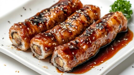 Delicious sushi rolls topped with a savory sauce and sesame seeds on a white plate