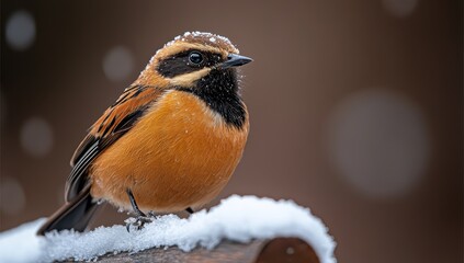 A small orange and black bird perches on a snowy branch, dusted with snowflakes