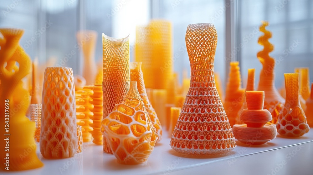 Aufkleber a vibrant display of intricate 3d-printed orange vases showcased in a modern studio setting