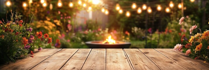 Obraz premium Evening Garden Party: Wooden Table, Fire Pit, Flowers, and String Lights