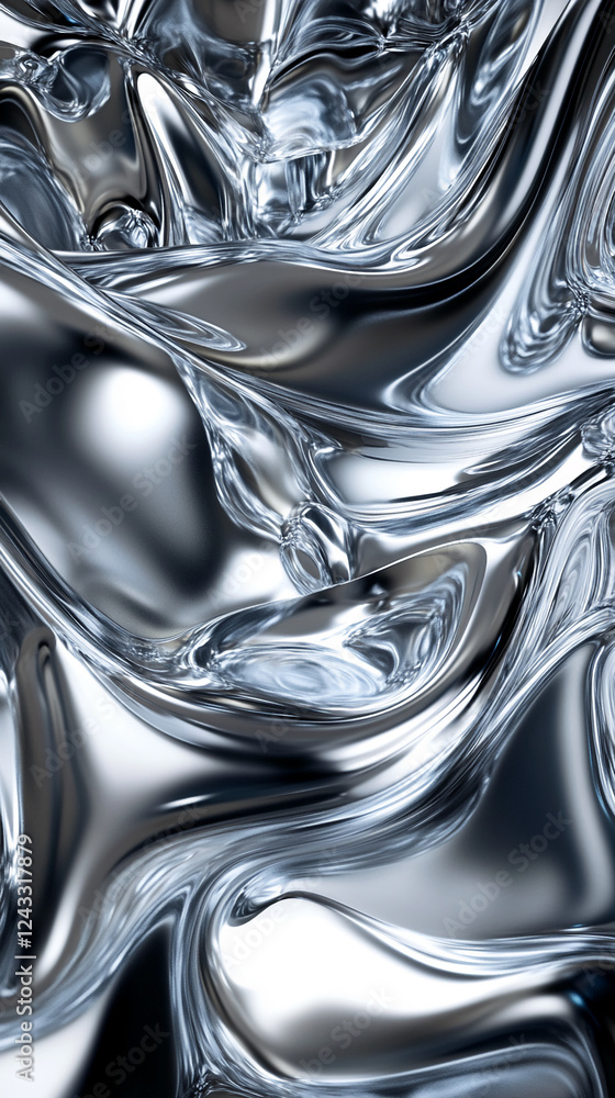 Poster close-up of shiny metallic liquid texture with fluid, reflective surface showcasing dynamic reflecti