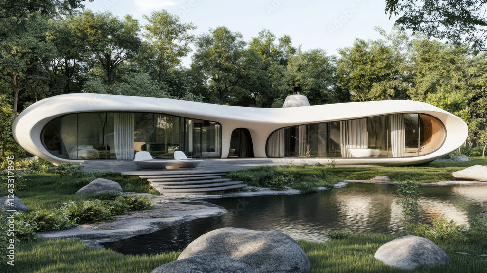 Poster futuristic home with unique design, surrounded by lush greenery and serene pond. structure features large windows and smooth curves, blending seamlessly with nature