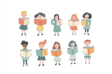 Fototapeta premium Children reading books together in a cheerful classroom