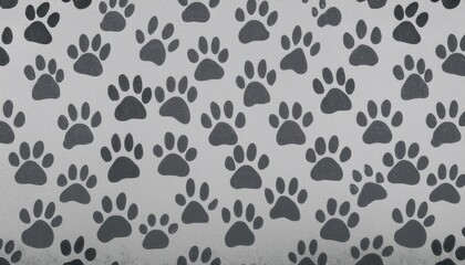Fototapeta premium black dog paw print pattern on textured white background, seamless repetitive design for wallpaper