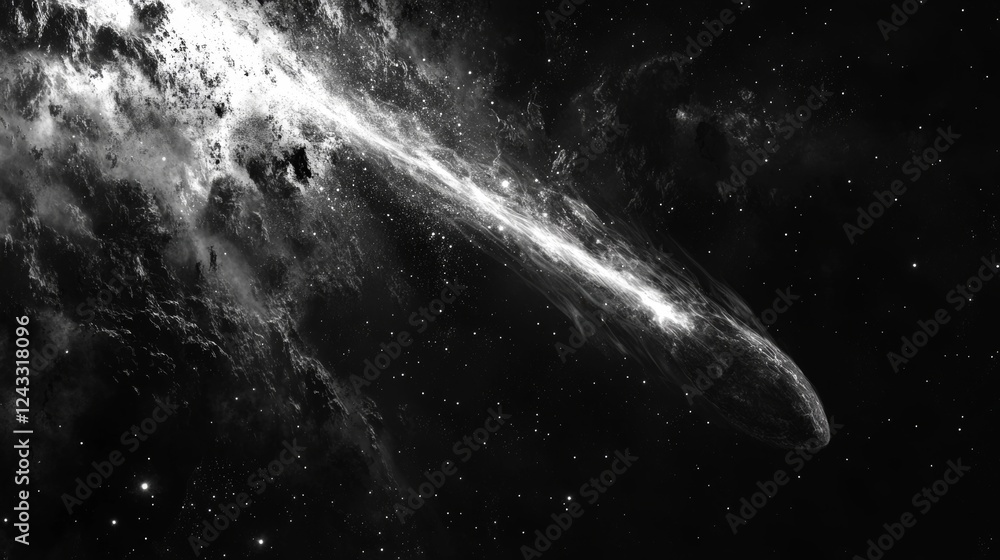 Poster captivating sight of a comet traveling through the vast darkness of space with stars in the backgrou