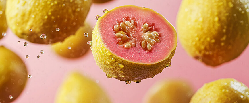 Close-up of a fresh guava fruit cut in half, with a vibrant pink interior filled with seeds, surrounded by water droplets, showcasing its tropical freshness.