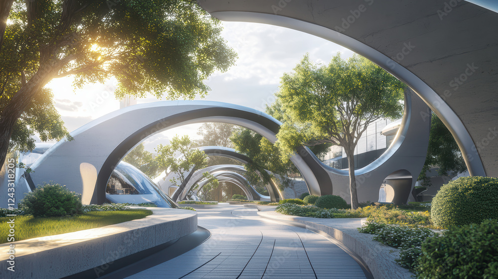 Poster futuristic park with curved architecture, greenery, and pathways. scene captures serene atmosphere w