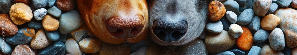 Poster close-up view of a golden retriever and a labrador retriever's noses resting on smooth colorful pebb