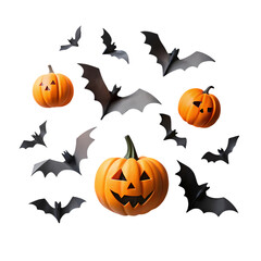 Fototapeta premium Spooky halloween jack olantern pumpkins bats dark night festive october on transparent background