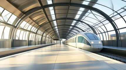 Futuristic train station interior with sleek design and modern architecture, featuring high speed train on platform. bright, spacious environment evokes sense of innovation and travel