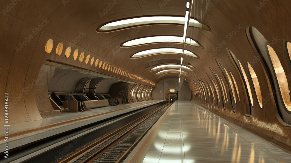 Poster futuristic train station interior with sleek design and unique architecture, featuring smooth lines 