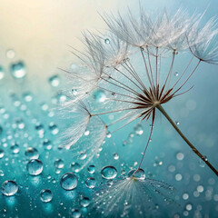 A stunning macro shot of a dandelion seed head adorned with glistening water droplets against a soft turquoise background