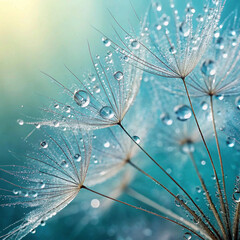A stunning macro shot of a dandelion seed head adorned with glistening water droplets against a soft turquoise background