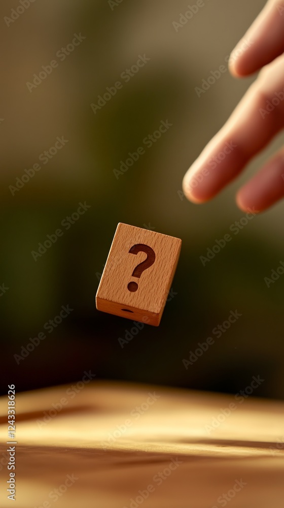 Poster Hand pointing at a floating wooden cube with a question mark representing choice, decision making, and the fear of better options - fobo - in career and life