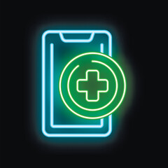 Obraz premium Neon green medical app icon glowing over smartphone screen on black background representing mobile healthcare and online medicine