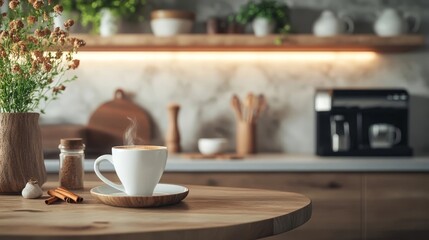 Obraz premium Coffee cup on a wooden table with fresh flowers and kitchen decor during a cozy morning at home