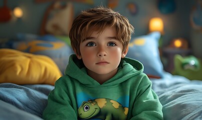 Pensive young boy in green hoodie.