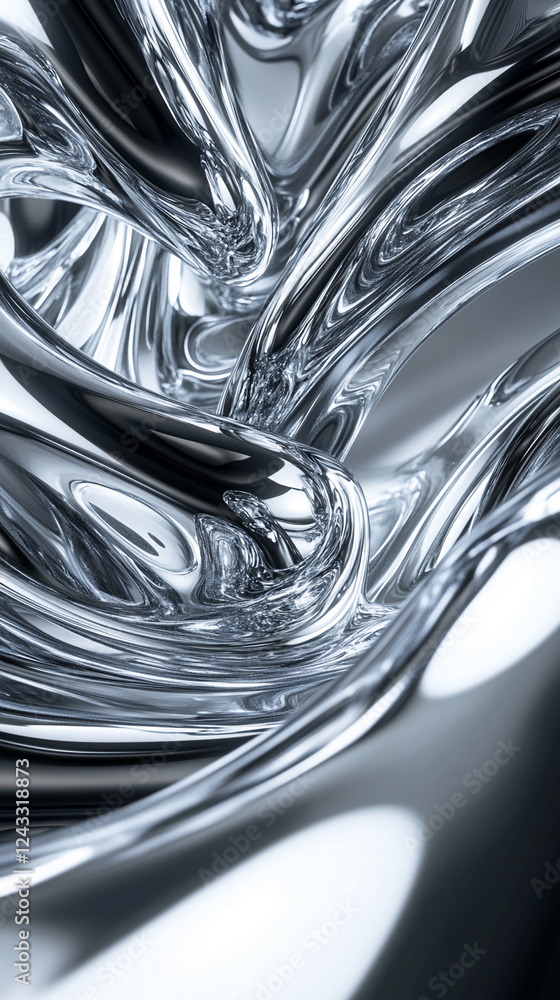 Poster Close-up of reflective metallic liquid with smooth texture and dynamic fluid motion, representing modern abstract art, sleek design, and futuristic digital aesthetics.