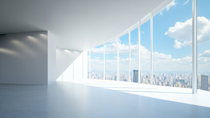 Obraz premium modern office space with large windows showcasing city skyline and bright blue sky. minimalist design emphasizes openness and natural light, creating serene atmosphere