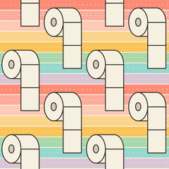 Bold black and beige white toilet paper on horizontal muted rainbow stripes with hearts