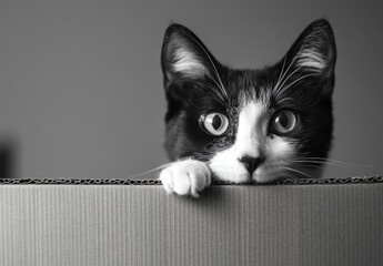 Curious black and white cat peering over the edge of a cardboard box with captivating eyes in a soft black and white tone, showcasing its playful nature
