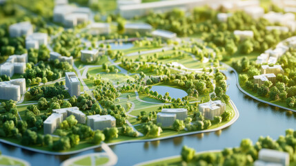 detailed 3D urban planning layout showcasing parks, green spaces, and water features, emphasizing ample space for recreational activities and community engagement