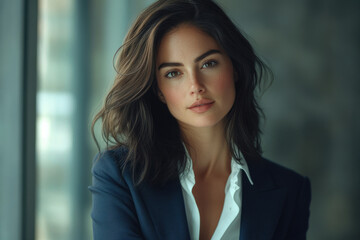 Fototapeta premium A young woman with brunette hair, wearing a navy blue blazer and white shirt, looks directly at the camera.