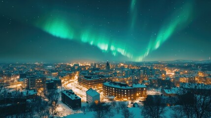 A stunning night view of a snowy city illuminated under the northern lights.